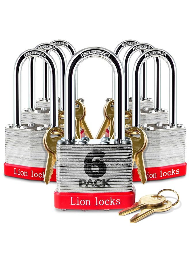 Lion Locks 6 Keyed-Alike Padlocks w/ 2” Long Shackle, 12 Keys, Hardened Steel Case, Pick Resistant Brass Pin Cylinder (6-Pack) for Hasp Latch, Shed, Fence, Gate Chain, Cable, Locker Lock, Gym Door - Image 1