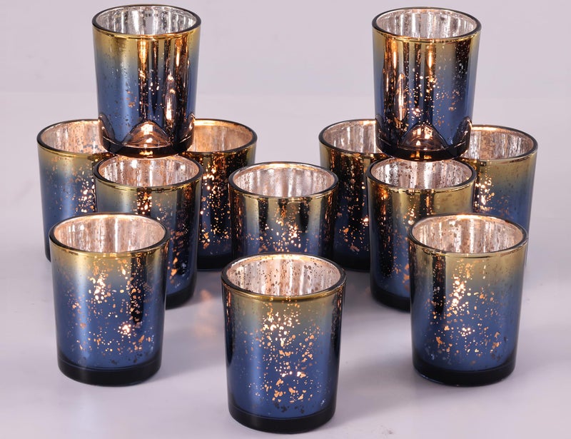 Volens Navy Votive Candle Holders Set of 12 Speckles Mercury Glass Tealight Candle Holder Bulk for Table Wedding Centerpiece Navy Blue and Gold Themed Party Decorative  Home Decor
