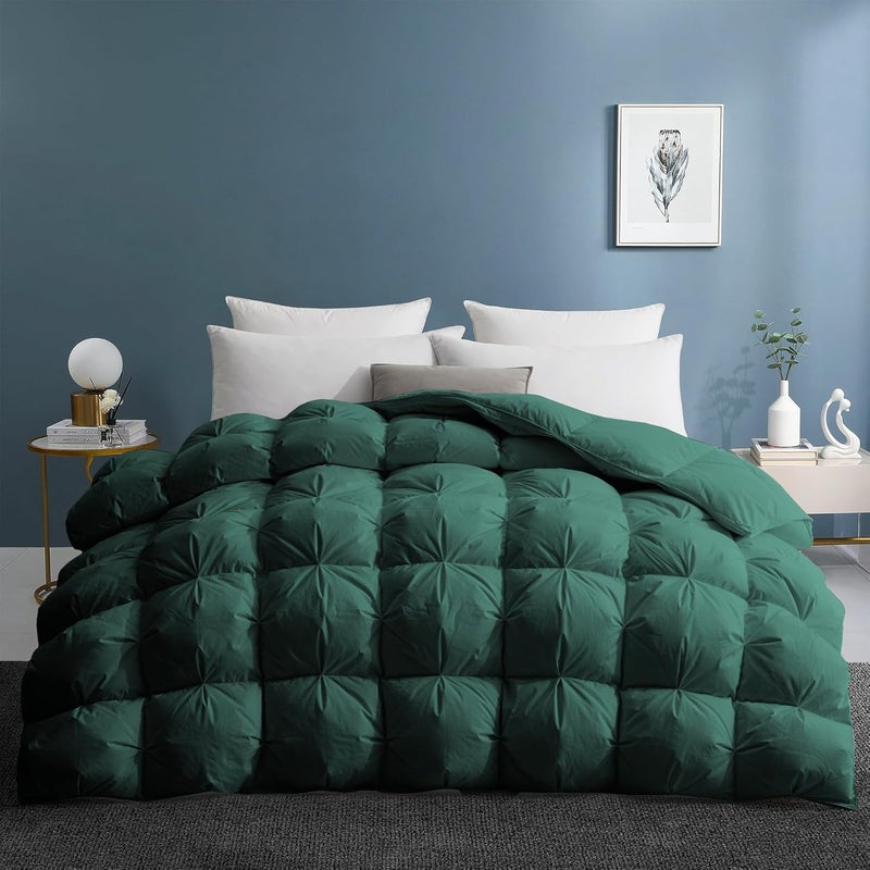 UNIKOME Pinch Pleat Goose Feather Down Comforter - 20% Extra Fill, 108oz, All Season Duvet Insert with 100% Cotton Cover, Cloud-Like Fluffiness (King, Green,106"X90") - Image 1