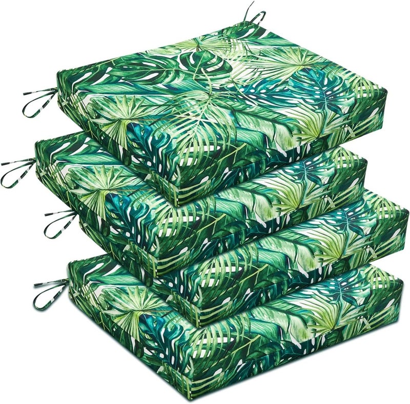 downluxe Outdoor Chair Cushions Set of 4 for Patio Furniture, Water-Resistant Square Corner Patio Chair Cushions with Ties, High Density Foam Outdoor Seat Cushion, 18.5" X 16" X 3", Palm Leaves - Image 1