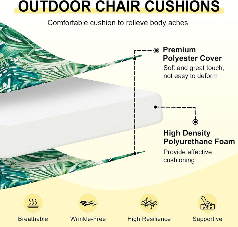 downluxe Outdoor Chair Cushions Set of 4 for Patio Furniture, Water-Resistant Square Corner Patio Chair Cushions with Ties, High Density Foam Outdoor Seat Cushion, 18.5" X 16" X 3", Palm Leaves - Image 2