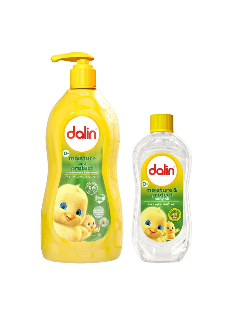 حزمة الاستحمام للترطيب والحماية (عبوة من 2) – شامبو وغسول الجسم للترطيب والحماية 700 مل + زيت الأطفال للترطيب والحماية 200 مل | تنظيف لطيف ورعاية مغذية