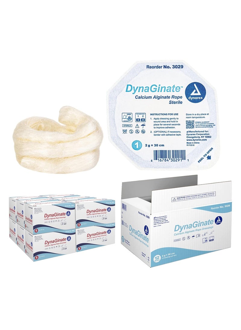 Dynarex Dynarex DynaGinate Calcium Alginate Wound Dressing - Sterile, Non-Stick Topical Wound Pads - Absorbent Gel Patches for Moderate to High Exuding Cuts - 2g x 30cm, 12 Boxes of 5 