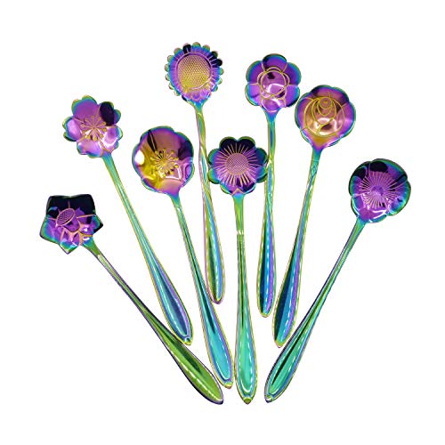 DGQ Flower Spoon Set - 8pcs DGQ Teaspoon Coffee Spoon Rainbow Color for Coffee Tea Mixing Ice Cream Dessert - 8 Diffient Pattern Colorful Mini Cutlery Set - Image 1