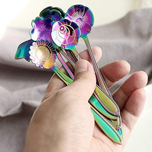 DGQ Flower Spoon Set - 8pcs DGQ Teaspoon Coffee Spoon Rainbow Color for Coffee Tea Mixing Ice Cream Dessert - 8 Diffient Pattern Colorful Mini Cutlery Set - Image 5