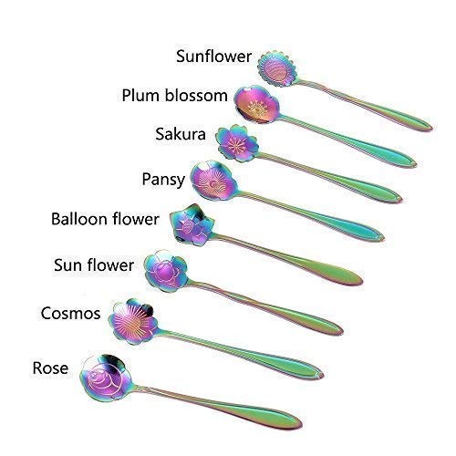 DGQ Flower Spoon Set - 8pcs DGQ Teaspoon Coffee Spoon Rainbow Color for Coffee Tea Mixing Ice Cream Dessert - 8 Diffient Pattern Colorful Mini Cutlery Set - Image 2
