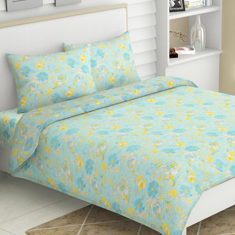 haus & kinder Haus Kinder 100 Cotton Bedsheet for King Size 120 TC King Size Bed Sheet for Double Bed with 2 Pillow Cover Blue Bell Blooms - Image 2