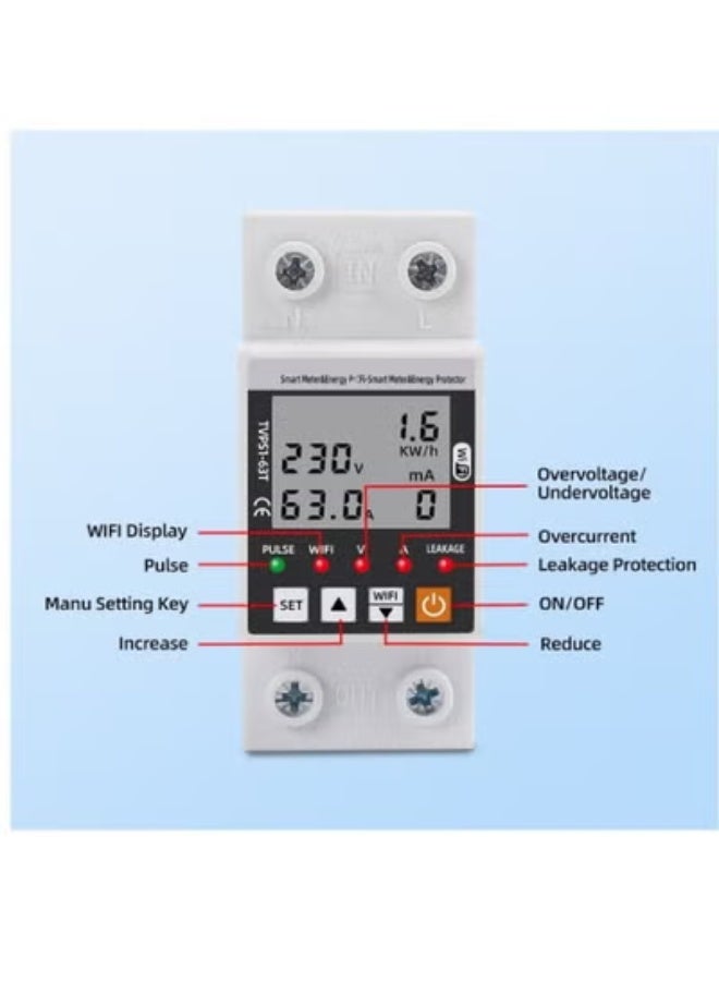 Tuya WiFi Smart Circuit Breaker – 63A Earth Leakage, Over/Under Voltage Protector with kWh Energy Meter, Smart Life App Compatible - Image 3