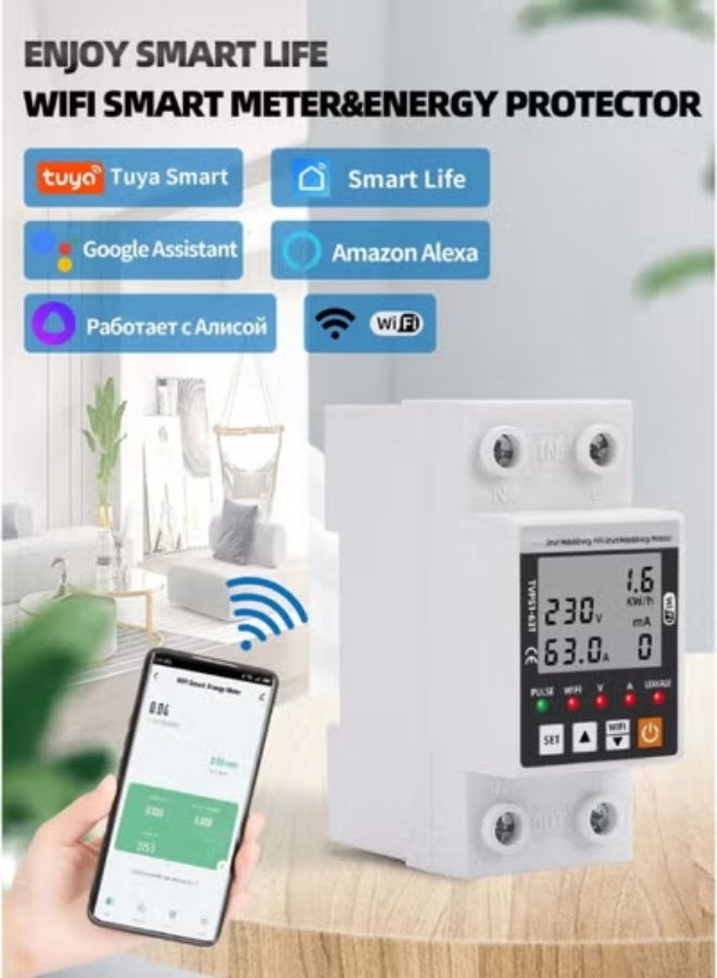 Tuya WiFi Smart Circuit Breaker – 63A Earth Leakage, Over/Under Voltage Protector with kWh Energy Meter, Smart Life App Compatible - Image 1
