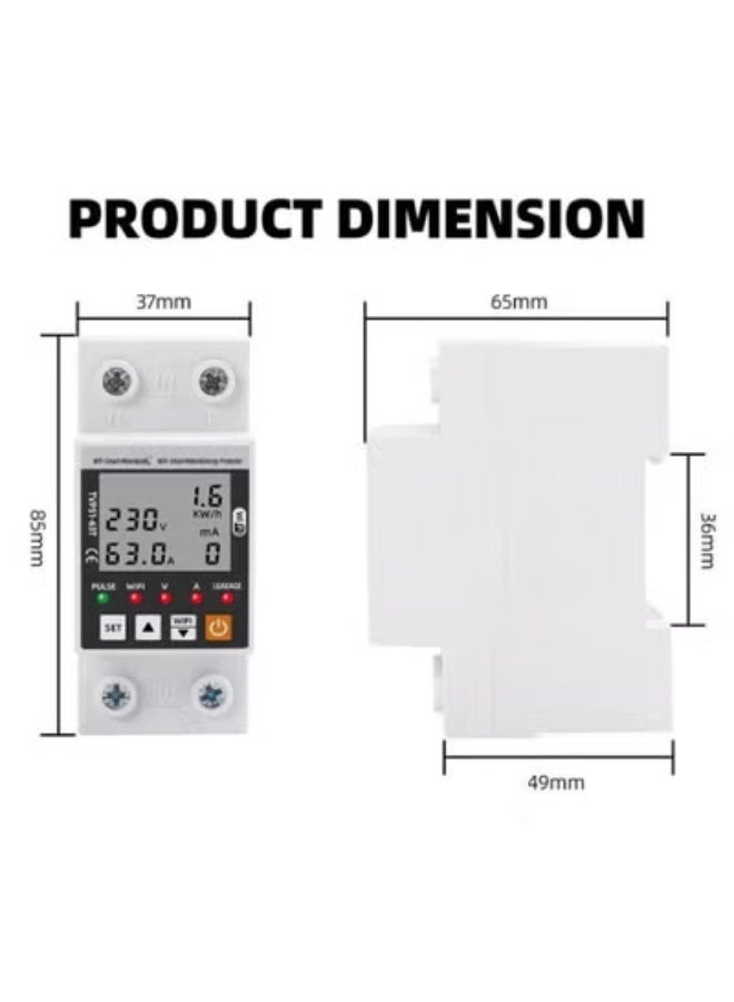 Tuya WiFi Smart Circuit Breaker – 63A Earth Leakage, Over/Under Voltage Protector with kWh Energy Meter, Smart Life App Compatible - Image 2