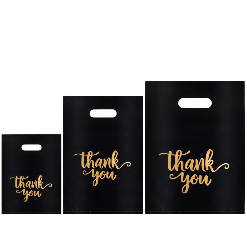 Heran 200PCS Thank You Bags with Handle Black Sale Bag for Small Business Clothes Boutique Gift, 3 Sizes Plastic Retail Grocery Shopping Bags, Reusable Goodie Bag Bulk for Store Party Favor Purchase - Image 1