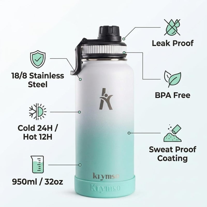 KRYMSO 950ml Stainless Steel Water Bottle, Insulated Thermos Flask, Leakproof, BPA-Free, Gym (white Mint) - Image 5