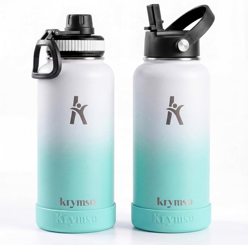 KRYMSO 950ml Stainless Steel Water Bottle, Insulated Thermos Flask, Leakproof, BPA-Free, Gym (white Mint) - Image 1