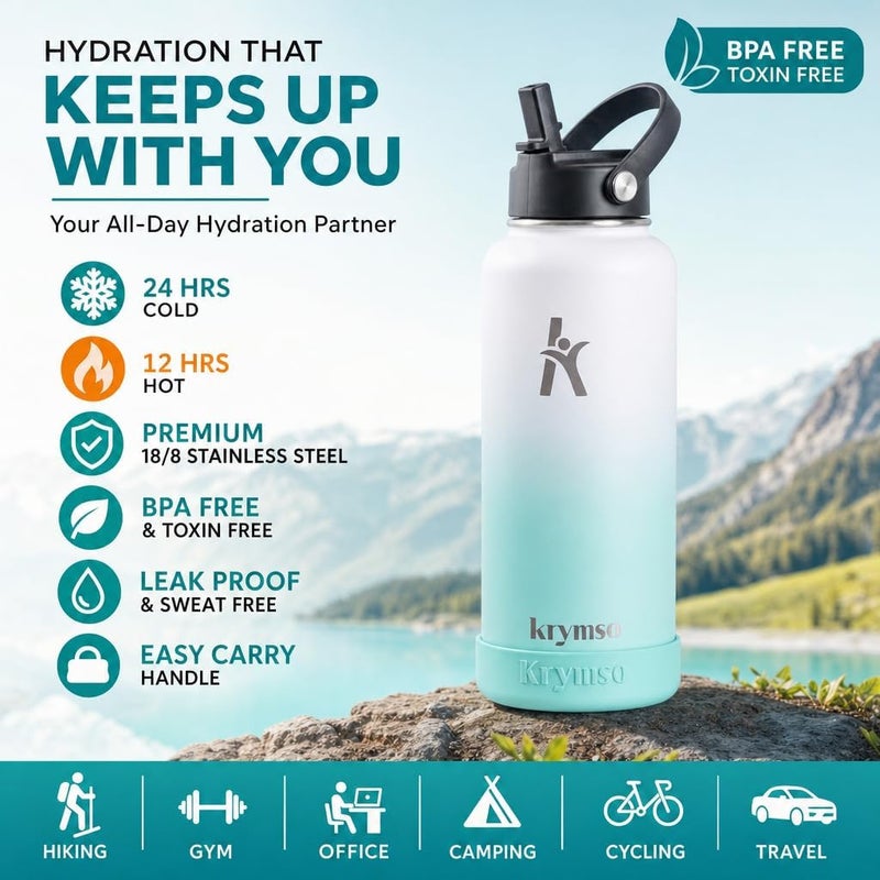 KRYMSO 950ml Stainless Steel Water Bottle, Insulated Thermos Flask, Leakproof, BPA-Free, Gym (white Mint) - Image 2