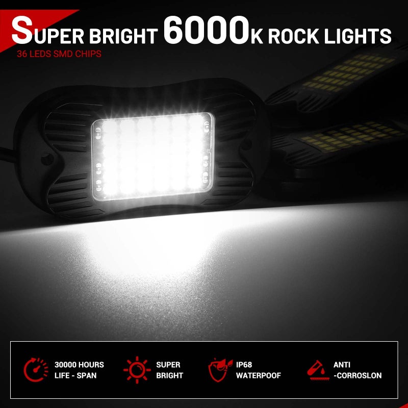 SHINIGHT 20 Pods White Rock Lights 6000K Pure White Super Bright Underglow Light,10FT/3M Extension Wires Each Light,36 LED SMD Chips,Waterproof IP68,Rock Lights for Trucks UTV ATV SUV Boats - Image 3