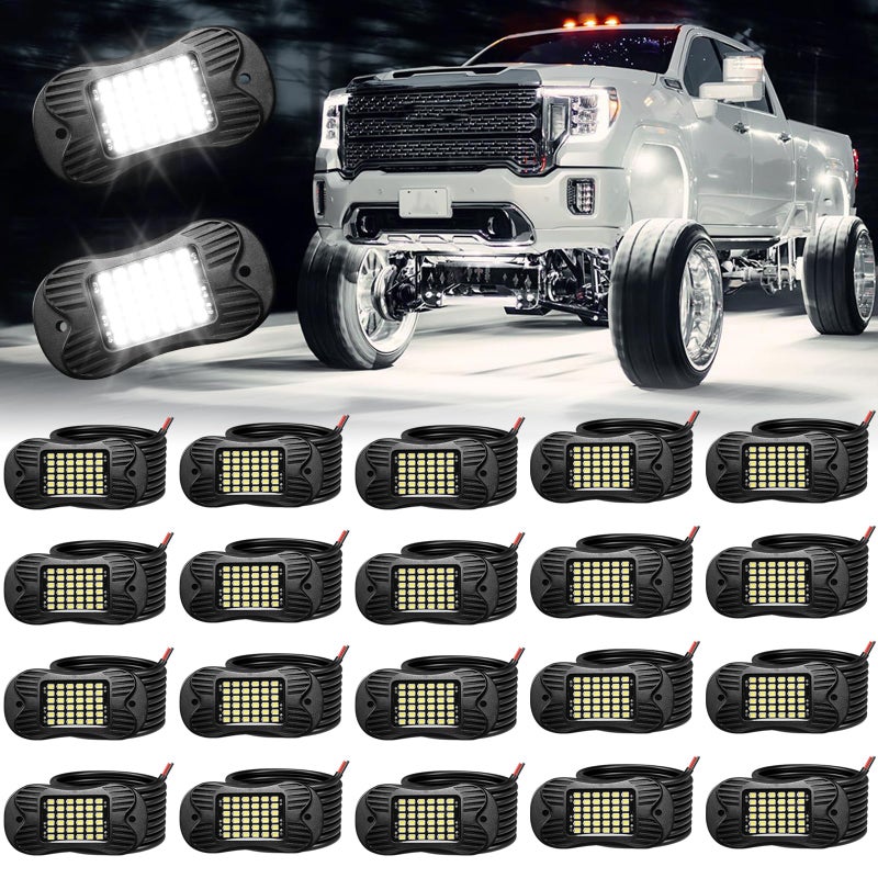 SHINIGHT 20 Pods White Rock Lights 6000K Pure White Super Bright Underglow Light,10FT/3M Extension Wires Each Light,36 LED SMD Chips,Waterproof IP68,Rock Lights for Trucks UTV ATV SUV Boats - Image 1