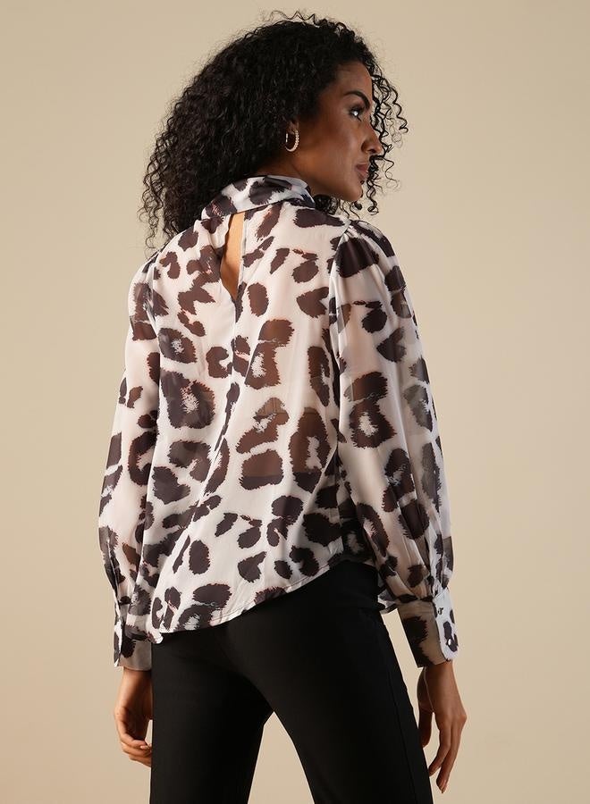 globus Globus Animal Print Tie-Up Neck Balloon Sleeves Top  - Image 3