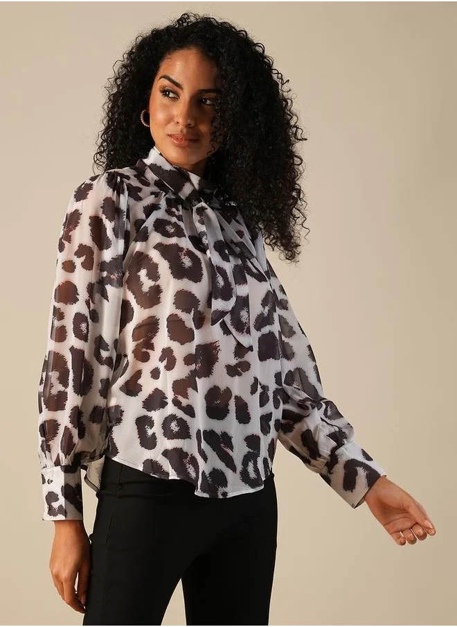 جلو باص Animal Print Tie-Up Neck Balloon Sleeves Top by Styli