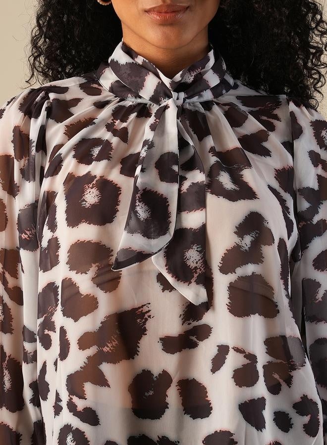globus Globus Animal Print Tie-Up Neck Balloon Sleeves Top  - Image 4
