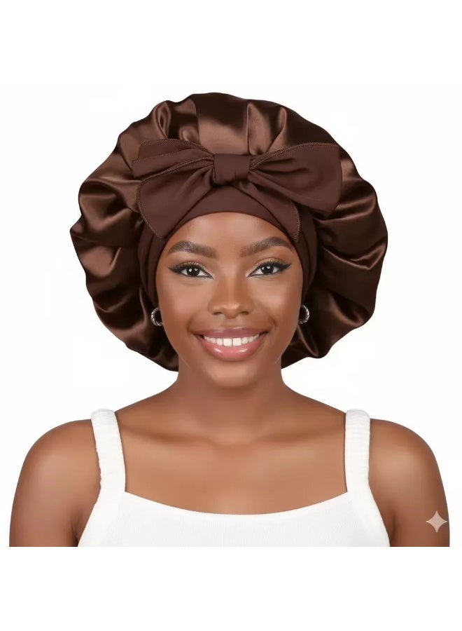 1 Set of Wide Hair Hats with Straps - Silk Sleeping Cap, Round Hat with Bow Extra Large Size, Beauty Hair Care for Curly Hair with Ties for Women and Girls(Coffee Color)