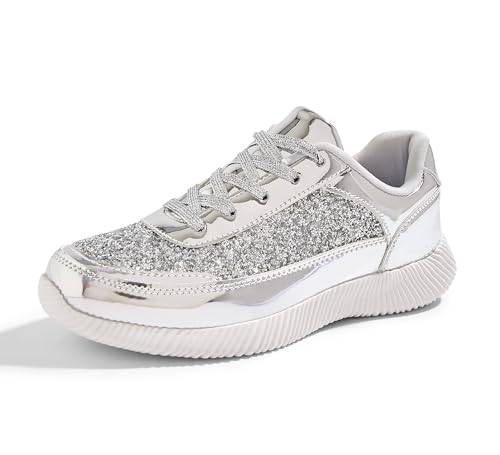 BELOS Women's Glitter Shoes Sparkly Lightweight Metallic Sequins Tennis Shoes(Silver PU,7) - Image 1