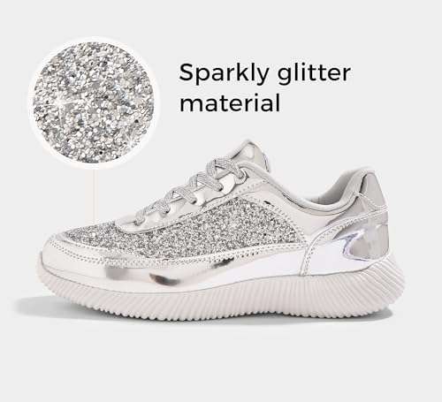 BELOS Women's Glitter Shoes Sparkly Lightweight Metallic Sequins Tennis Shoes(Silver PU,7) - Image 3