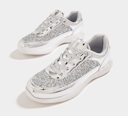 BELOS Women's Glitter Shoes Sparkly Lightweight Metallic Sequins Tennis Shoes(Silver PU,7) - Image 5
