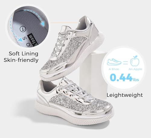 BELOS Women's Glitter Shoes Sparkly Lightweight Metallic Sequins Tennis Shoes(Silver PU,7) - Image 4