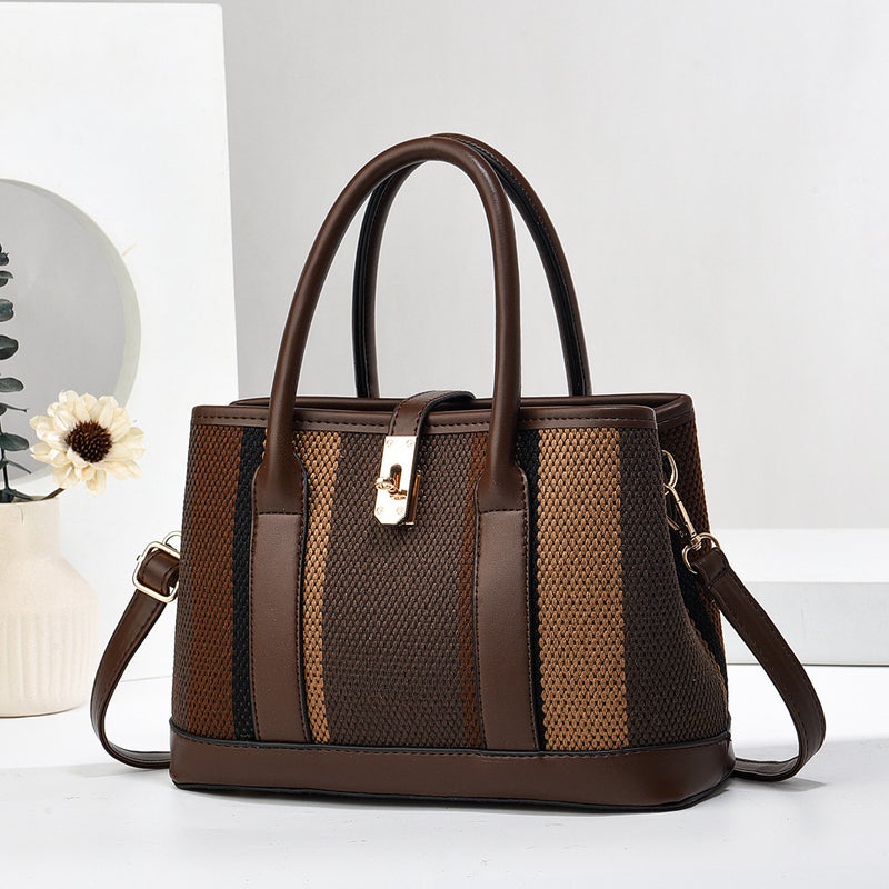 New Color Contrast Women'S Large Capacity Handbag Canvas Trendy Fashionable Simple Shoulder Crossbody Elegant Mother Bag - Image 3