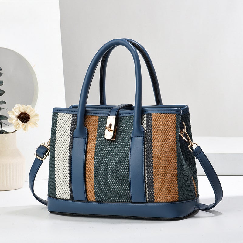 New Color Contrast Women'S Large Capacity Handbag Canvas Trendy Fashionable Simple Shoulder Crossbody Elegant Mother Bag - Image 4
