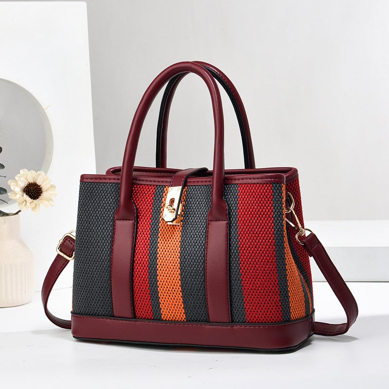New Color Contrast Women'S Large Capacity Handbag Canvas Trendy Fashionable Simple Shoulder Crossbody Elegant Mother Bag - Image 5
