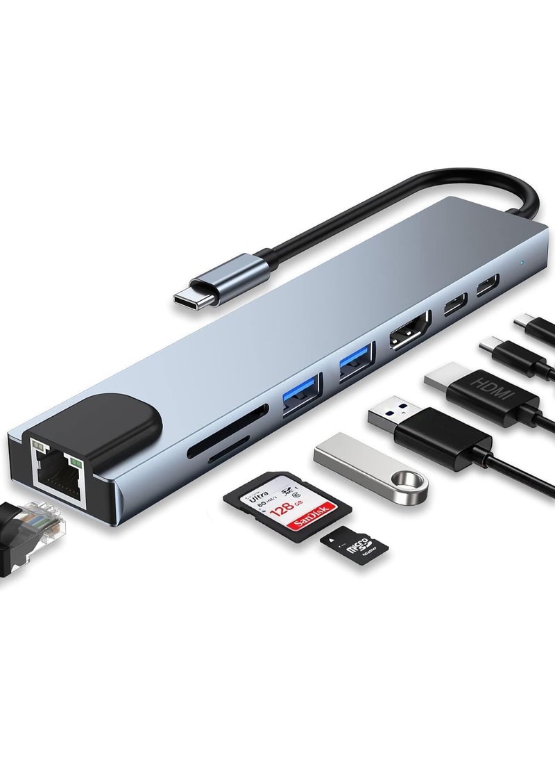 السيميا محول موزع USB-C متعدد المنافذ، دونجل USB-C 8 في 1 مع HDMI 4K، إيثرنت RJ45، شحن PD 100 وات، USB 3.0، قارئ بطاقات SD/TF، ​​محطة إرساء USB-C لأجهزة MacBook Pro/Air، Dell، HP وأجهزة Type C الأخرى - Image 1