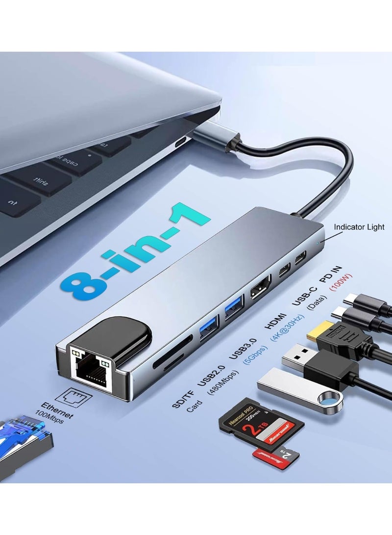 السيميا محول موزع USB-C متعدد المنافذ، دونجل USB-C 8 في 1 مع HDMI 4K، إيثرنت RJ45، شحن PD 100 وات، USB 3.0، قارئ بطاقات SD/TF، ​​محطة إرساء USB-C لأجهزة MacBook Pro/Air، Dell، HP وأجهزة Type C الأخرى - Image 2