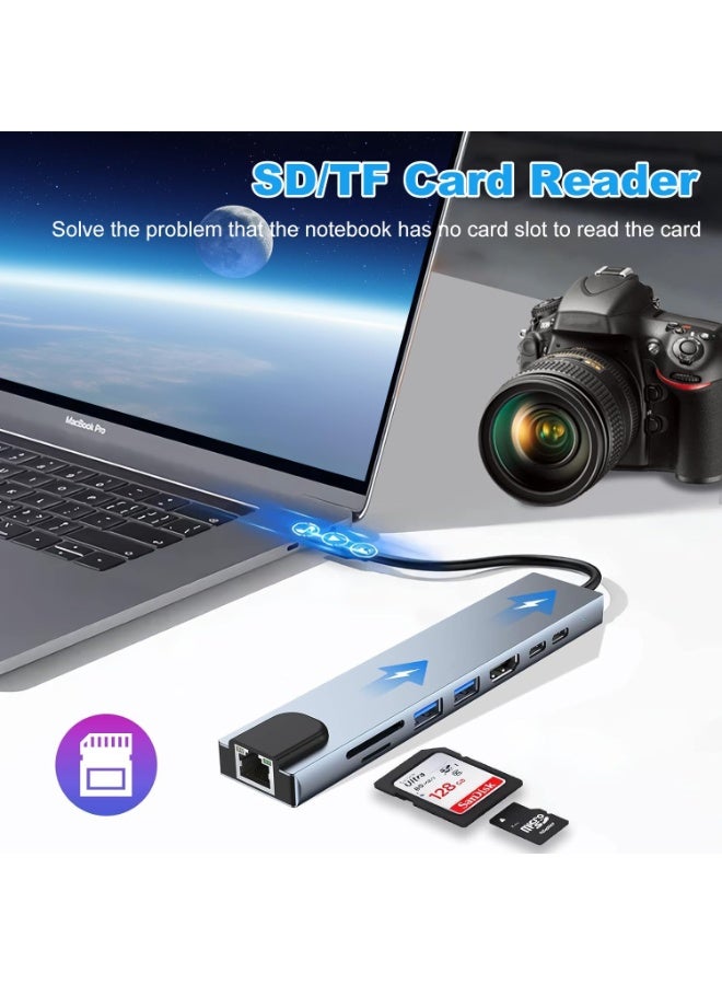 السيميا محول موزع USB-C متعدد المنافذ، دونجل USB-C 8 في 1 مع HDMI 4K، إيثرنت RJ45، شحن PD 100 وات، USB 3.0، قارئ بطاقات SD/TF، ​​محطة إرساء USB-C لأجهزة MacBook Pro/Air، Dell، HP وأجهزة Type C الأخرى - Image 3