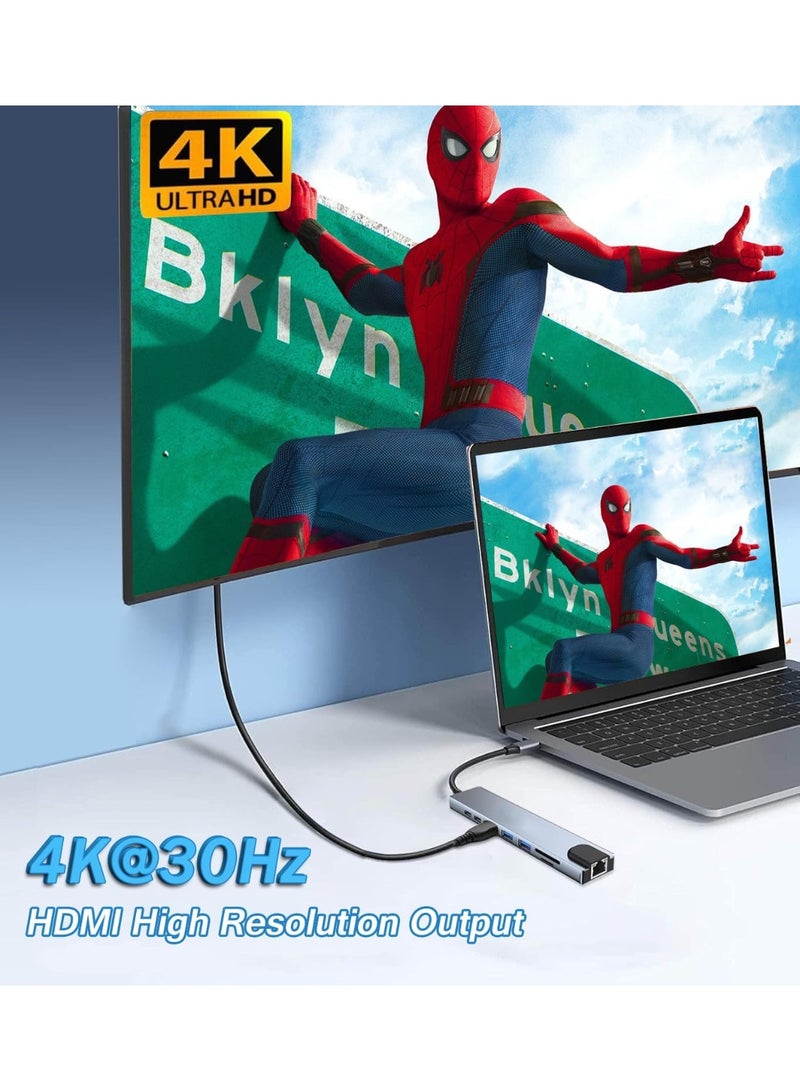 السيميا محول موزع USB-C متعدد المنافذ، دونجل USB-C 8 في 1 مع HDMI 4K، إيثرنت RJ45، شحن PD 100 وات، USB 3.0، قارئ بطاقات SD/TF، ​​محطة إرساء USB-C لأجهزة MacBook Pro/Air، Dell، HP وأجهزة Type C الأخرى - Image 5