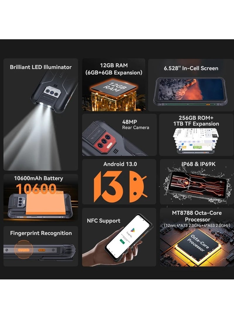 Cubot - KINGKONG 8 Rugged Phone 6.528'' HD+ Screen Android 13 6GB RAM 256GB ROM Dual LED Torch 10600mAh Battery 16MP Front+48MP Rear Camera NCF/Dual SIM/GPS/Fingerprint Black - Image 1