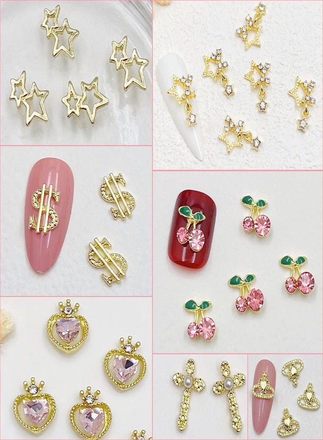 KACHIMOO 106 PCS Gold Nail Charms 3D Nail Art Charms Cherry Butterfly Cross Bow Star Heart Dollar 3D Nail Gems for Women Nail Art DIY Design - Image 3