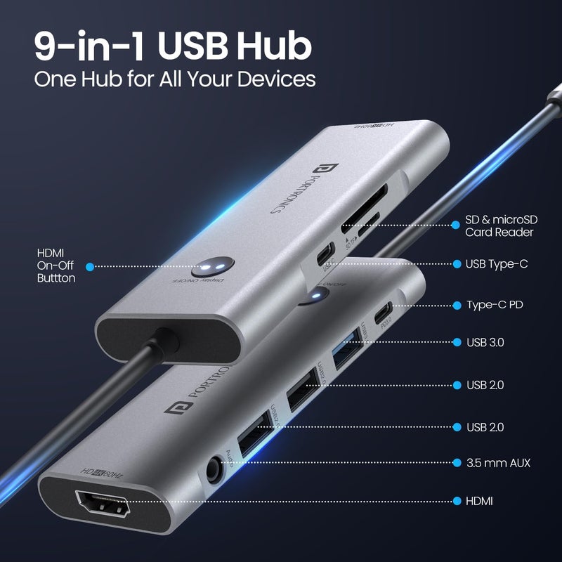 Portronics Mport One USB C Hub Dock (9-in-1) with 4K 60Hz HDMI, 3-Port USB, HDMI On-Off Button, 100W Type-C Charging, Card Reader, 3.5mm AUX, Type C Plug for Laptop, Mac, PC (Grey) - Image 5