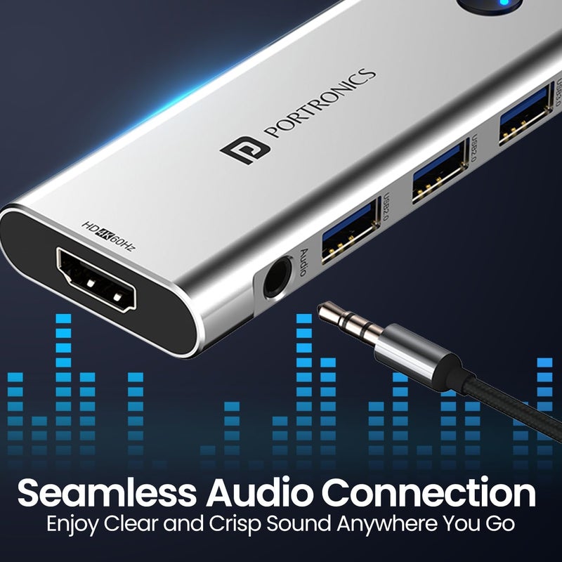 Portronics Mport One USB C Hub Dock (9-in-1) with 4K 60Hz HDMI, 3-Port USB, HDMI On-Off Button, 100W Type-C Charging, Card Reader, 3.5mm AUX, Type C Plug for Laptop, Mac, PC (Grey) - Image 2