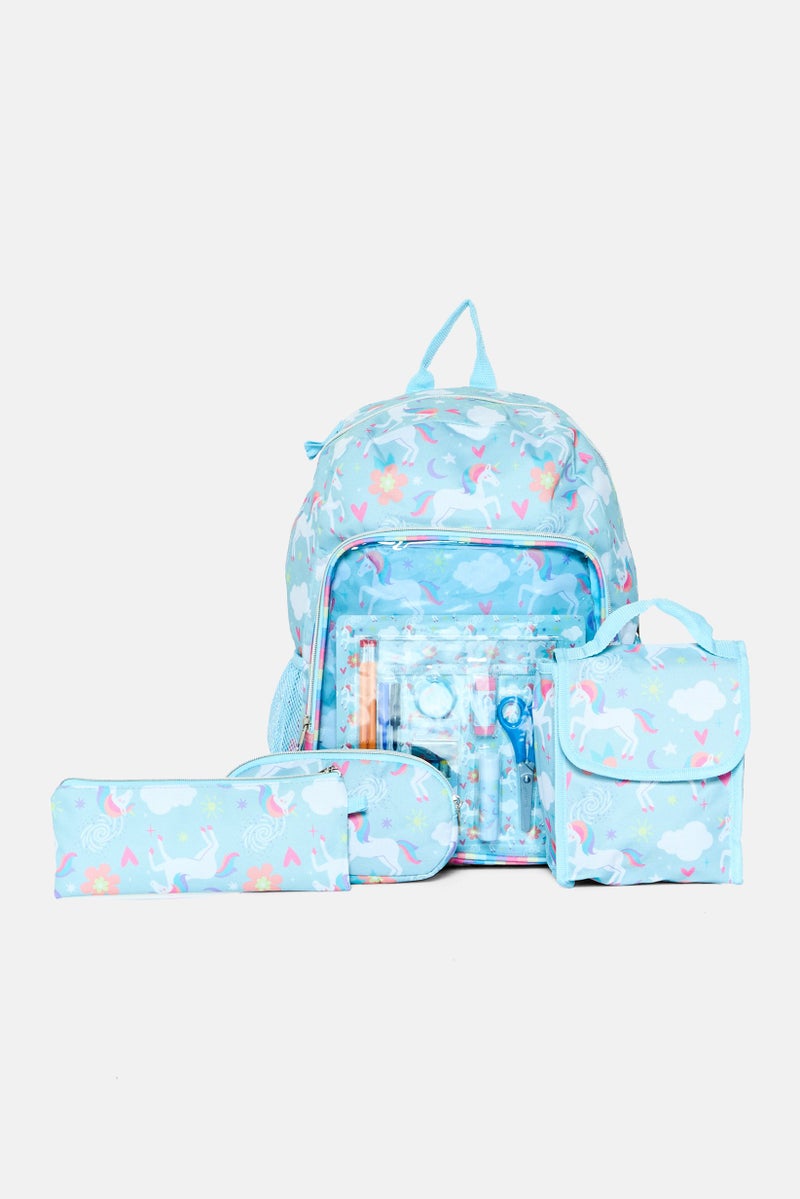 UNICORN Kids Girl 19 Pieces Printed Backpack 30 L x 42 H x 14 W cm, Sky Blue - Image 1