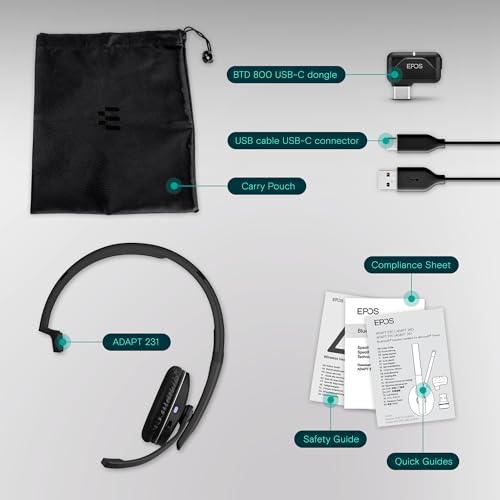 EPOS Adapt 231 - Single Sided Headset, Wireless, Dual-Connectivity Bluetooth, USB-C Dongle Included, UC Optimized and Microsoft Teams Certified, Black - Image 5