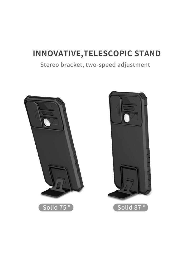Infinix Hot 9 Play / Hot 10 Play / Hot 11 Play Black Mobile Phone Case Cover, Innovative Telescopic Bracket, Sliding Protection Camera Window, Bumper Shockproof Phone Back Cover - Image 2