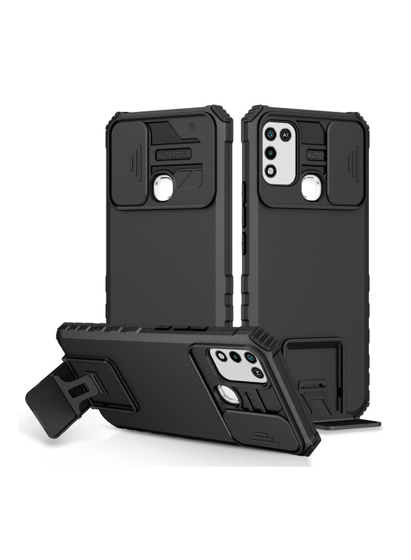 Infinix Hot 9 Play / Hot 10 Play / Hot 11 Play Black Mobile Phone Case Cover, Innovative Telescopic Bracket, Sliding Protection Camera Window, Bumper Shockproof Phone Back Cover - Image 1