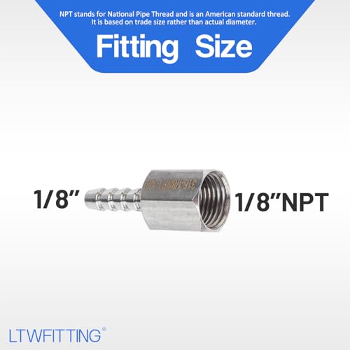 LTWFITTING Bar Production Stainless Steel 316 Barb Fitting Coupler 1/8" Hose ID x 1/8" Female NPT Air Fuel Water (Pack of 5) - Image 2