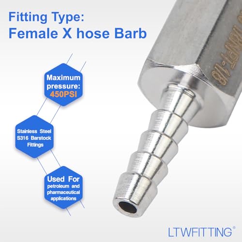 LTWFITTING Bar Production Stainless Steel 316 Barb Fitting Coupler 1/8" Hose ID x 1/8" Female NPT Air Fuel Water (Pack of 5) - Image 3