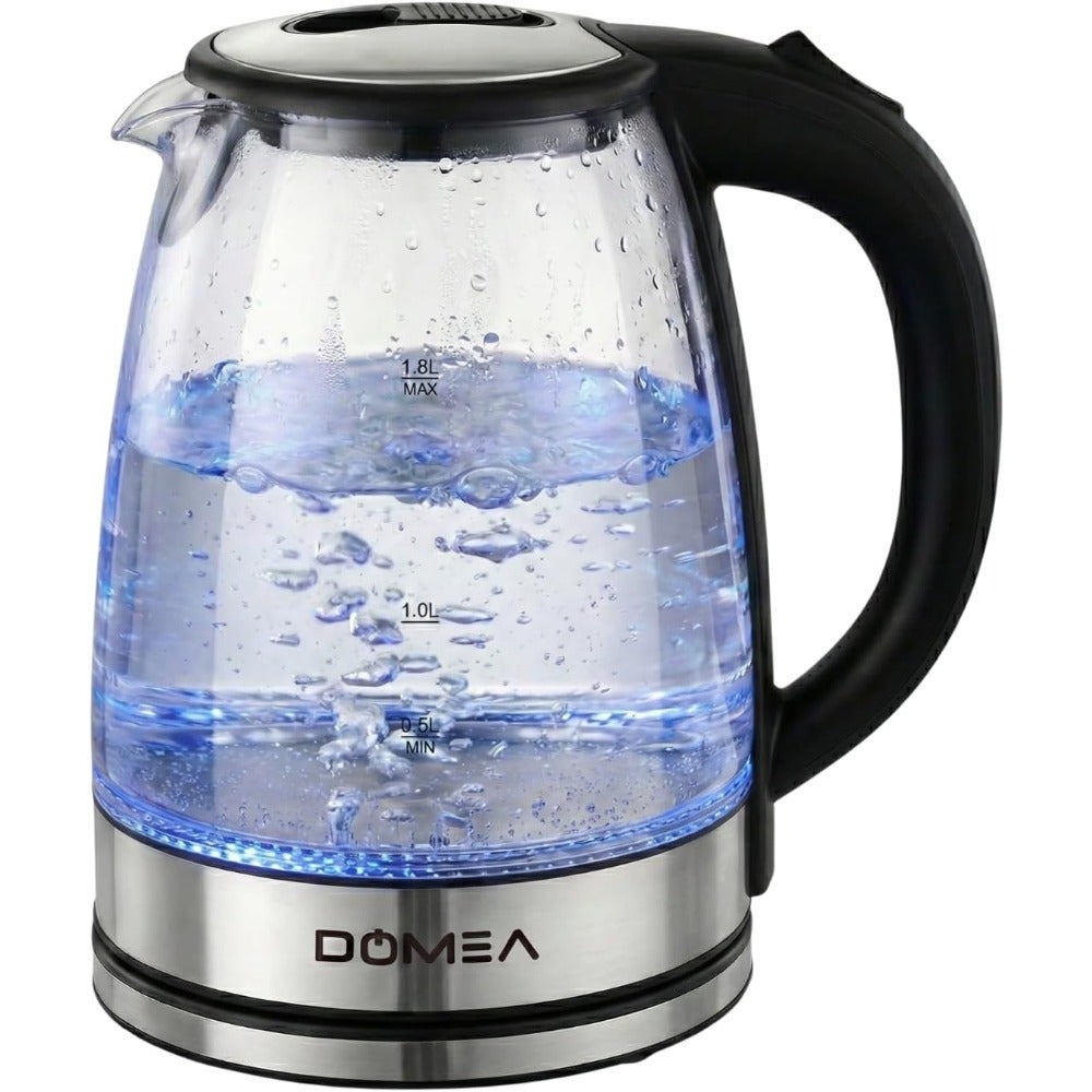 Electric Glass Kettle 1.8L, 1500W LED Illuminated Borosilicate Glass 360° Rotating Base Auto Shut-Off and Boil-Dry Protection Stainless Steel Finish