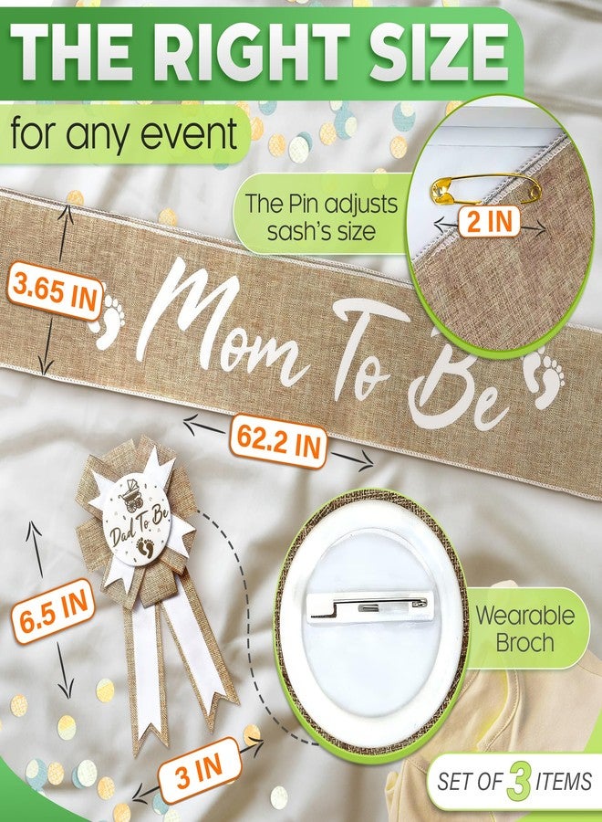 V TOWER Mom to Be Sash Baby Shower - Stylish Baby Shower Sash & Dad to Be Pin, Elegant Boho Style, Tear & Stain Resistant Burlap & Adjustable Pin - Universal Accessories for Boy & Girl Gender Reveal Parties - Image 2