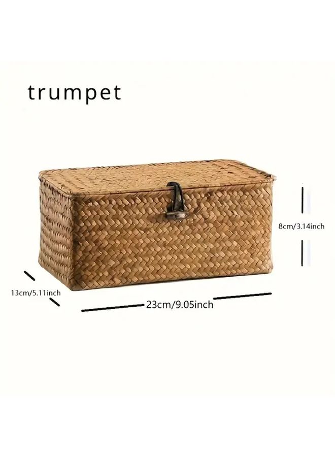 Large Handwoven Storage Basket With Buckle For Makeup Organizer Desktop - Image 3