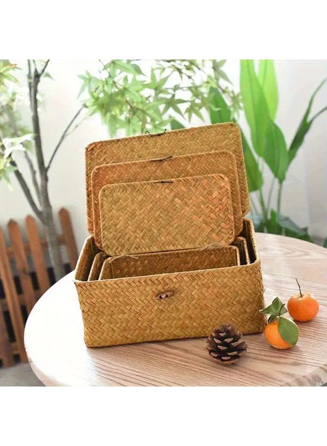 Large Handwoven Storage Basket With Buckle For Makeup Organizer Desktop - Image 2