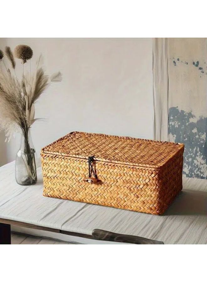 Large Handwoven Storage Basket With Buckle For Makeup Organizer Desktop - Image 4